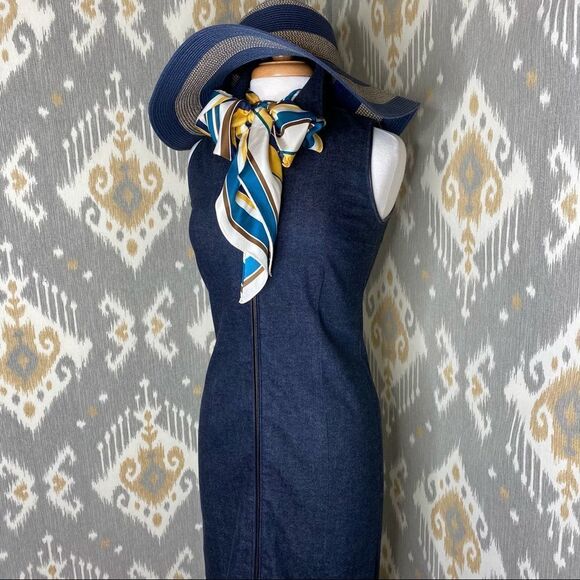 Ralph Lauren Midnight Indigo Wash Cotton Stretch Denim Lamb Leather Sheath Dress - Picture 12 of 15